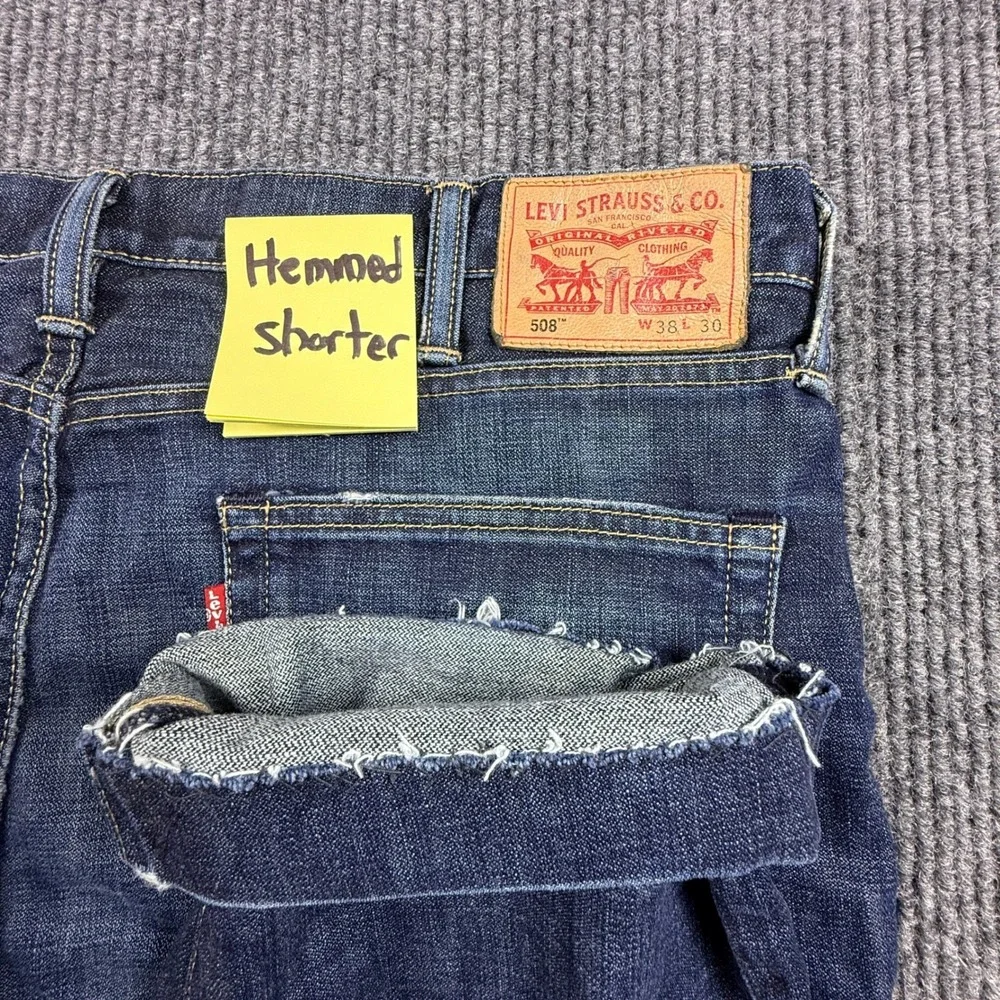 Levis 508 Regular Taper Jeans Mens 38x30 (Hemmed shorter) Dark‎ Wash Blue Denim
